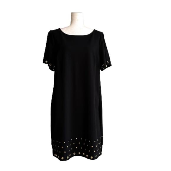 Roz & Ali Black Grommet Rivet Detail Short Sleeve Shift LBD Dress Woman Size 14 - Picture 1 of 12